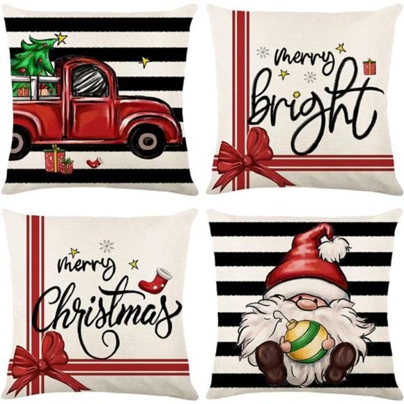 Set of 4 Christmas Decorations Winter Xmas Farmhouse Pillow Covers - Picture 1 of 7